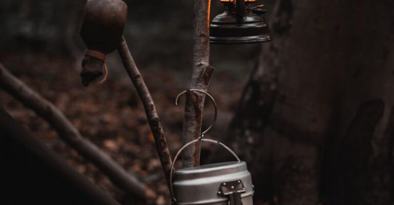Campsites - A lantern sits on a table in the woods