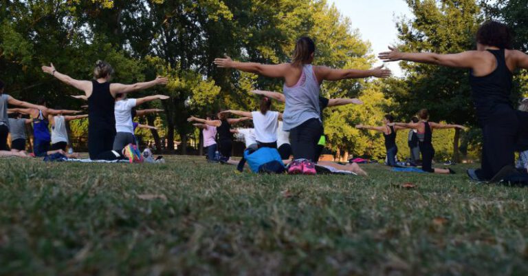 Activities - Women Performing Yoga on Green Grass Near Trees